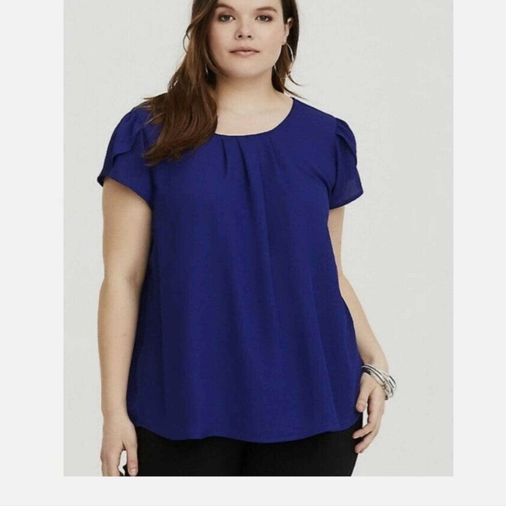 Torrid Blue Split Flutter sleeve Blouse With Pleated Neckline - Picture 6 of 10